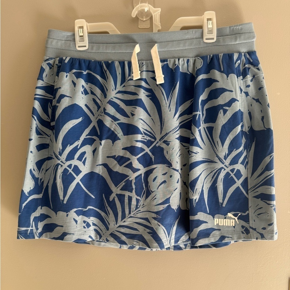Puma Womans Blue Floral Mini Elastic Band Drawstring Pockets Skirt XL New Spring